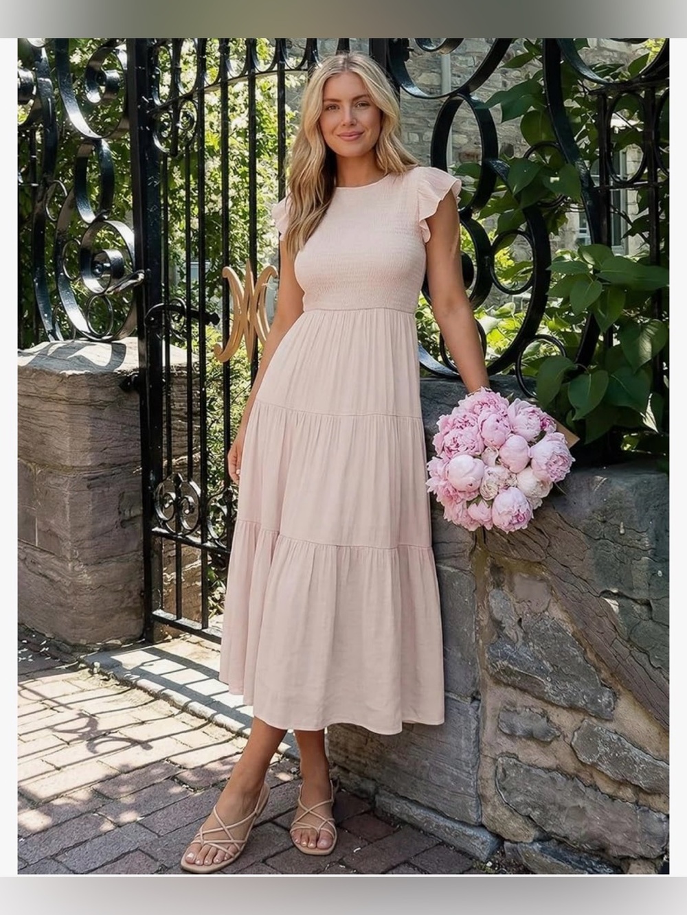 Zesica Apricot Smocked Tiered Midi Dress with Flutter Sleeves Cottagecore Vibes